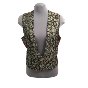 Vest - Black and Metallic Gold Brocade Fabric Burgundy Lining - Medium - Unisex - Picture 1 of 11