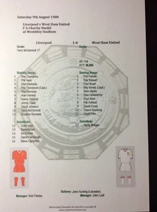 1980 FA Charity Shield Liverpool v West Ham United Matchsheet - Picture 1 of 1