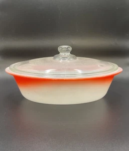 Vintage Glasbake J-235 Milk Glass Red Ombré 1 Qt Oval Casserole Dish w/ Lid - Picture 1 of 6