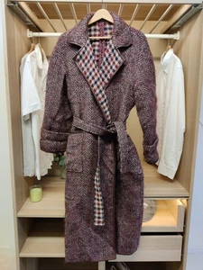 VINTAGE AQUASCUTUM BURGUNDY COAT WOOL UK 12 WOVEN LEATHER TRIM BELTED OVERCOAT - Picture 1 of 7