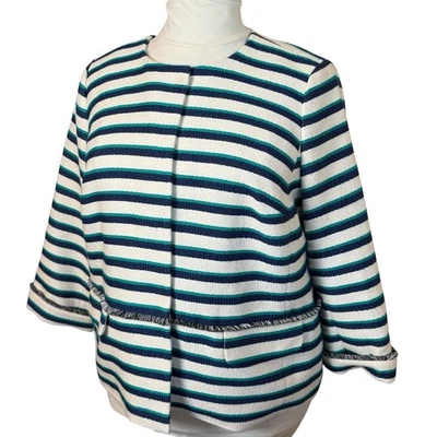 TALBOTS Striped Fringe Trim Jacket Blazer Plus Size 22WP NWT Ivory Jade Navy - Image 1 of 4
