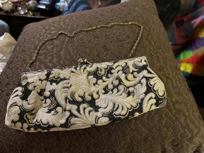 Vintage Brocade Evening Clutch Purse – Gold & Black Damask Handbag Chain Handle - Image 1 of 3