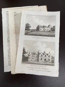 ENGRAVING 1825 MERTON CHURCH & MERTON HALL NORFOLK + TEXT - Picture 1 of 2