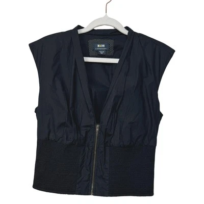 Maeve Anthropologie Cap Sleeve Ruched Waist From Zip Cropped Vest/Top Black Sz M - Image 1 of 4