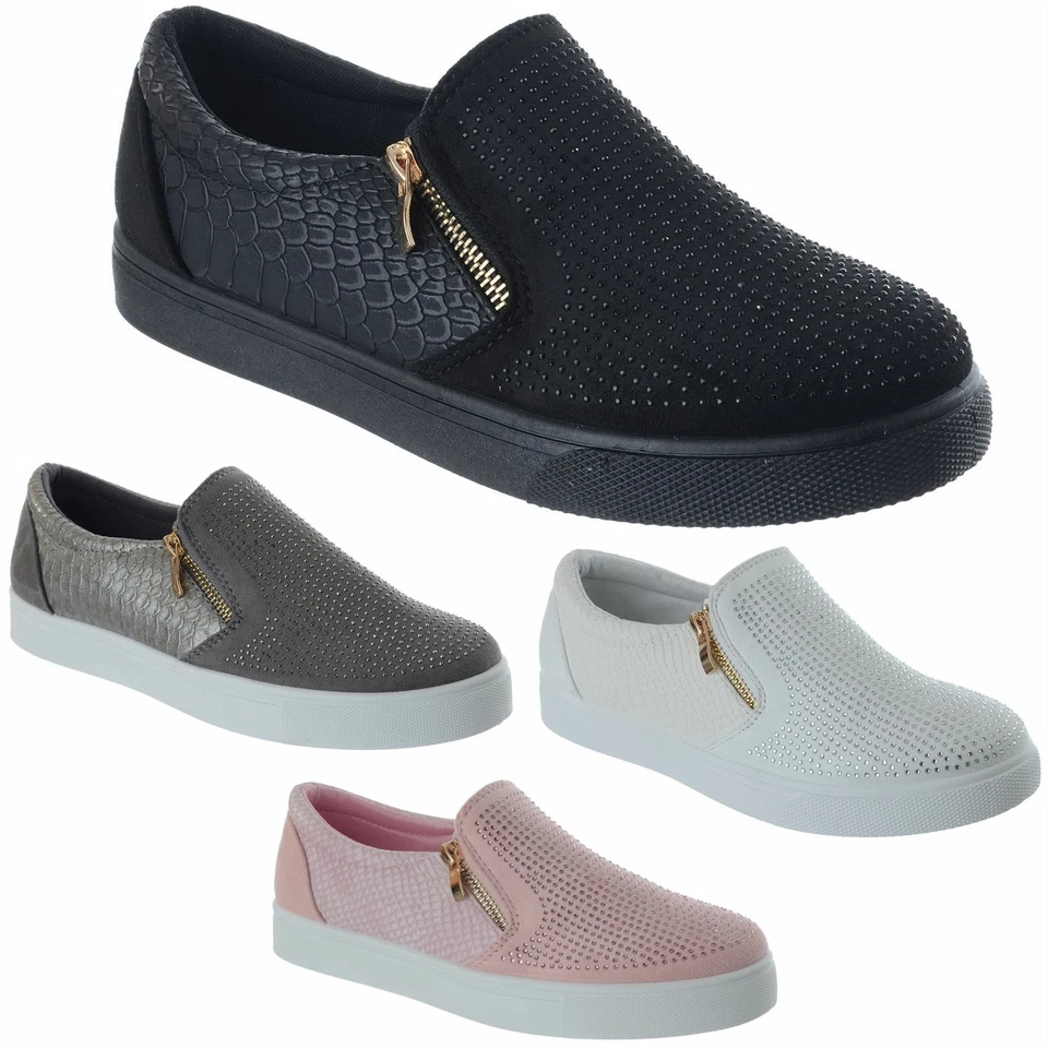 Ladies Womens Diamante Zip Up Flat Low Heel Trainers Skater Pumps Shoes Size