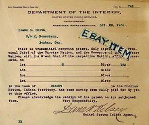 1906 LETTERHEAD Muskogee INDIAN TERRITORY DEPT of INTERIOR agent DANA H. KELSEY - Picture 1 of 1