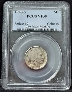 1926-S PCGS VF30 Series 19 Coin 40 Certification # 3959.30/21802809 Buffalo 5C - Picture 1 of 8