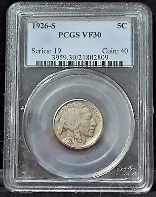 1926-S PCGS VF30 Series 19 Coin 40 Certification # 3959.30/21802809 Buffalo 5C - Image 1 of 4