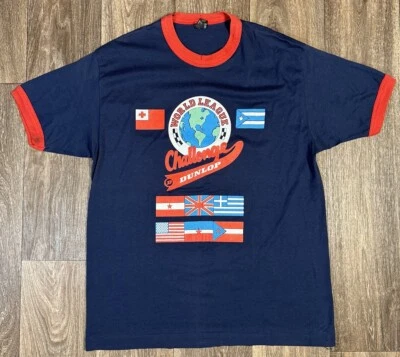 Camiseta de colección Dunlop Challenge Liga Mundial Marina puntada única con timbre L-XL años 80 Foto 1 de 4