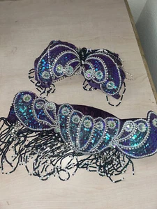 Sequin Beaded Belly Dance Costume Samba Carnival EDC Rave Outfit Bra Belt Purple - Picture 1 of 5