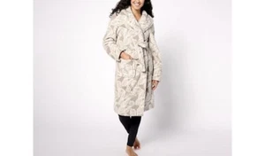 Berkshire Homewear Wellsoft Shawl Collar Robe A622960 Grey Linear Leaves Large - Picture 1 of 4