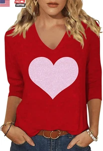 Womens 3/4 Sleeve V Neck Valentine T Shirts Love Heart Printed Graphic Tee Tops - Picture 1 of 1