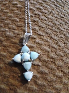 Vtg.925 Sts Natural Blue Larimar Gemstone Jewelry Cross Pendant/Necklace. 19" - Picture 1 of 9