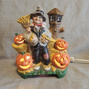 Vintage 1980s Ceramic Halloween Scarecrow With Pumpkins Hand Painted Lights Up - Picture 1 of 7