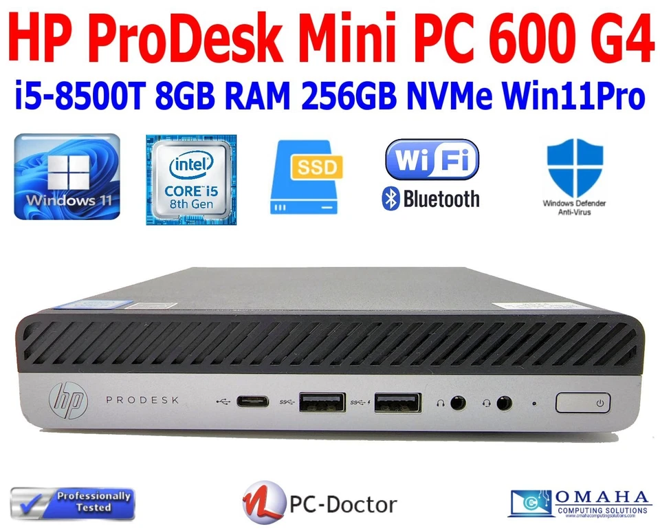 HP PRODESK 600 G4 MINI PC i5-8500T 8GB RAM 256GB NVMe WIN 11 PRO WIFI/BT EXTRAS - Image 1 of 4