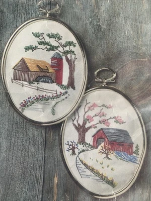 Barn and Bridge Vintage Crewel Kit with Frames NIP 3.25x4.5 in ea - Image 1 of 4