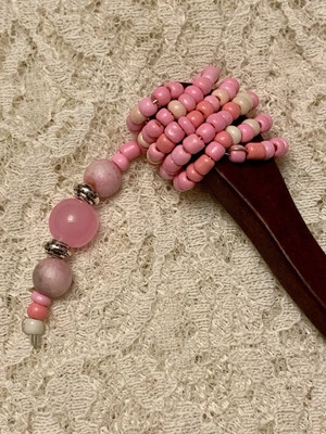 Wooden Handcrafted Beaded Chopstick Hair Pin Pink Agate, 7” - Image 1 of 4