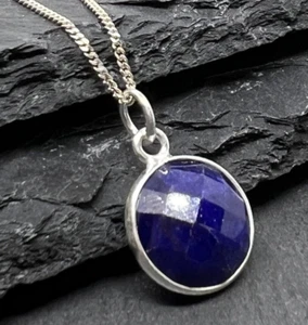 Sapphire Round Silver Pendant Faceted 11mm Wide 925 Sterling Silver 18" Chain - Picture 1 of 9