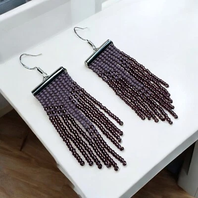 Pendientes colgantes bohemios con cuentas semilla de amatista violeta 3 pulgadas hechos a mano Foto 1 de 2