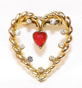 Valentinstag Herz Pin goldfarben Metall rot & silber Strass Vintage romantisch - Bild 1 von 3