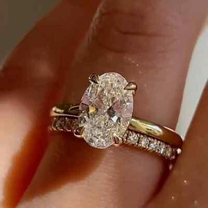 Oval Cut Lab Created Diamond New Wedding Ring Bridal Set 14K Yellow Gold Finish - Picture 1 of 7