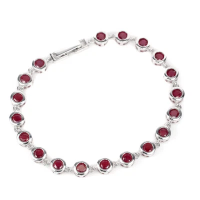 Pulsera de plata de ley 925 rubí redondo 4 mm piedras preciosas joyería 7 pulgadas Foto 1 de 4