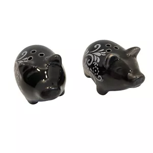Pair of Black Porcelain Ceramic Pig Piglet Salt & Pepper Shakers - Picture 1 of 7