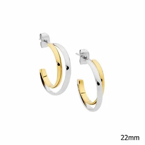 Ellani Stainless Steel Two Tone Double Hoop Earrings with Gold IP SE242G - Picture 1 of 1