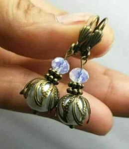 Antique Vintage Victorian Style Bronze White Pearl Drop Dangle Earrings I - Picture 1 of 6