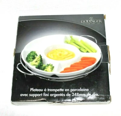 Godinger Porcelain Chip and Dip With Silver Finish Serving Rack 9 3/4" - Image 1 of 4