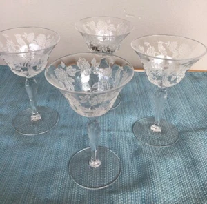 4 Morgantown Cathay Crystal Cocktail Etched Goblets 5” High Peacock Bird 1945 - Picture 1 of 14