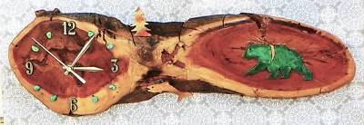 Bear w/ Fish & Turquoise Stones Log Cabin Style 20" x 7" x 2" Rustic Wall Clock - Image 1 of 4