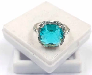 Anillo hecho a mano de plata 925 de acero certificado 20,55 quilates corte cojín azul aguamarina - Imagen 1 de 12