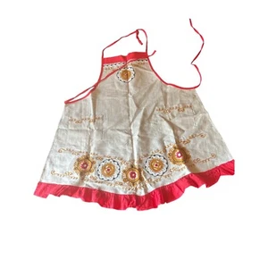 Red Tan Full Apron Embroidered Dutch Ruffle Pockets - Picture 1 of 5