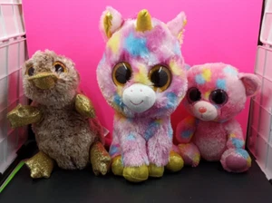 Menge 3 Ty Beanie Boo Regenbogen 9" Fantasia Einhorn 6" Franky 6" Perry Schnabeltier - Bild 1 von 24