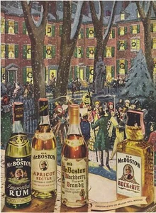 Pubblicità stampa artistica 1942 Old Boston Rum, Brandy vigilia di Natale su Beacon Hill, Boston - Foto 1 di 1