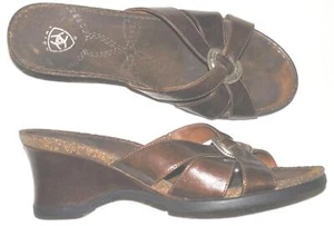 ARIAT Ember Brown Leather Slides Wedge Heel Sandals - 8.5 B - Picture 1 of 3