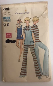 Vogue 7798 Vintage 70s Sewing Pattern Tunic Blouse Pants Shorts Size: 12 - Foto 1 di 10