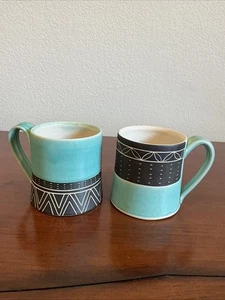 Set of 2 Jessica Wertz Wheel Thrown Hand Decorated Brown & Turquoise 14 oz Mugs - Picture 1 of 11