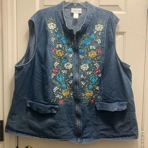 Chaleco vaquero Country Store para mujer talla 3x floral bordado azul jeans cremallera frontal - Imagen 1 de 5