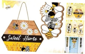 2 Pcs Bee Door Sign Home Sweet Home Sign Bee Welcome Sign Wooden Bee Door - Picture 1 of 7