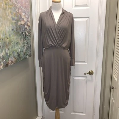 New York & Company Taupe Beige Ruched  V-Neck MIDI Dress Size XL Women’s Stretch - Image 1 of 4