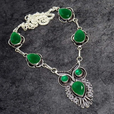 Owl Green Onyx 925 Silver Plated Handmade Necklace 18" Stylish Jewelry GW - Image 1 of 3