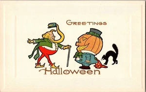 HALLOWEEN Jack-O-Lantern Man & Leprechaun Beard Vintage Gibson Postal JO5 - Imagen 1 de 2