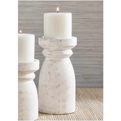 NEW! Chunky Whitewashed Candle Holder Distressed Finish 8"H Coastal Farmhouse - Image 1 of 4