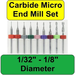 1/32" - 1/8" Two Flute Up Cut Square End Micro End Mill Set 1/8" Shanks EM2 - Picture 1 of 10
