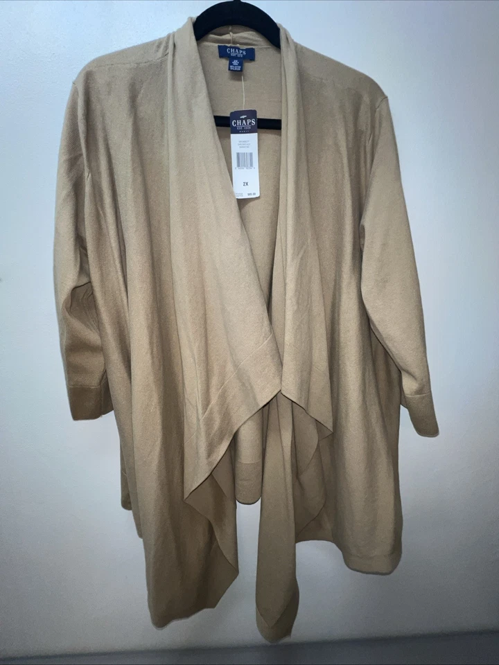 Nuevo con etiquetas Cárdigan para mujer Plus Chaps cortina abierta cascada bambú tostado talla 2X Foto 1 de 4