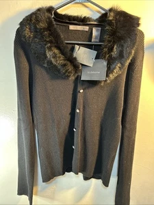 Vtg First Issue Liz Claiborne Fur collar Sweater L S077 - Picture 1 of 4