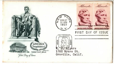  #1114, First Day of Issue, NY/NY Feb. 27, 1959 3 cent Pair  Bust of Lincoln - Image 1 of 2