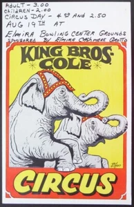 Original Vintage Circus Poster - King Bros. Cole August 19 Elmira, NY, 1970's(?) - Picture 1 of 2